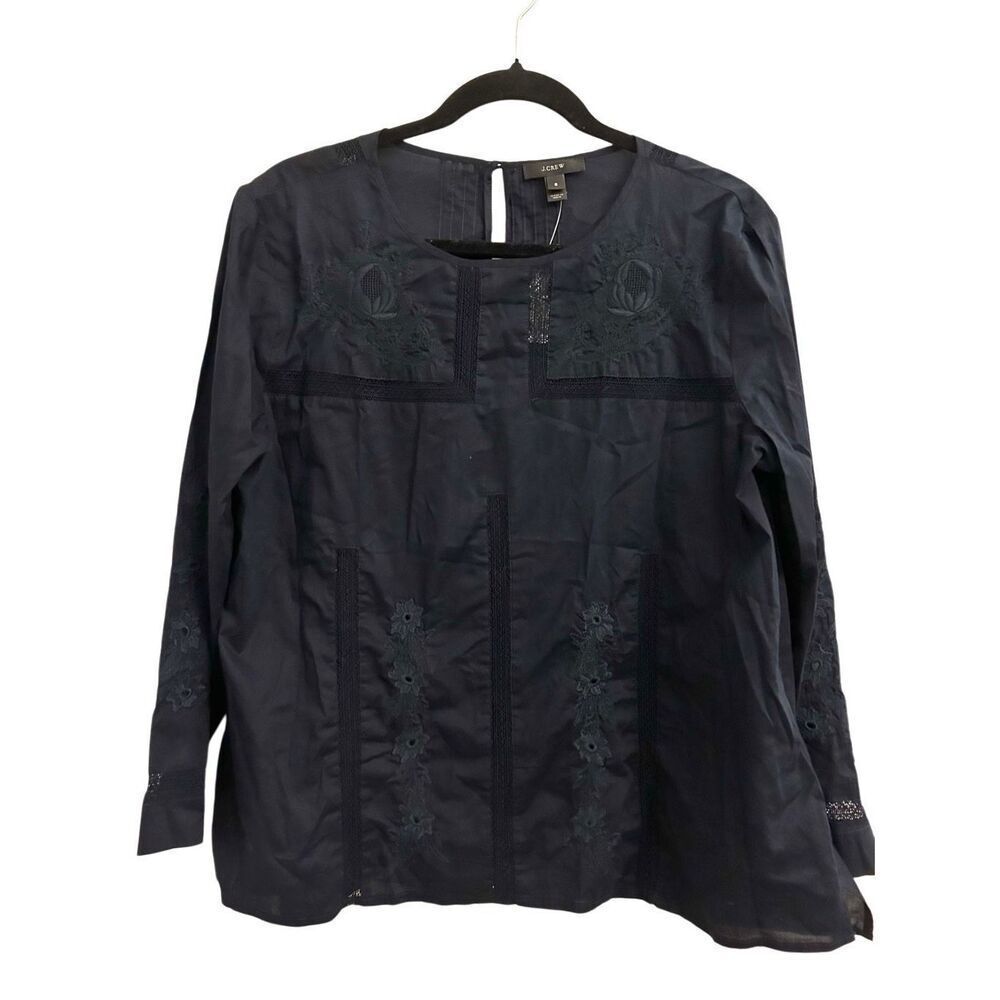 NWT J. Crew Embroidered Blouse Cotton S Navy Peasant Boho Minimalist